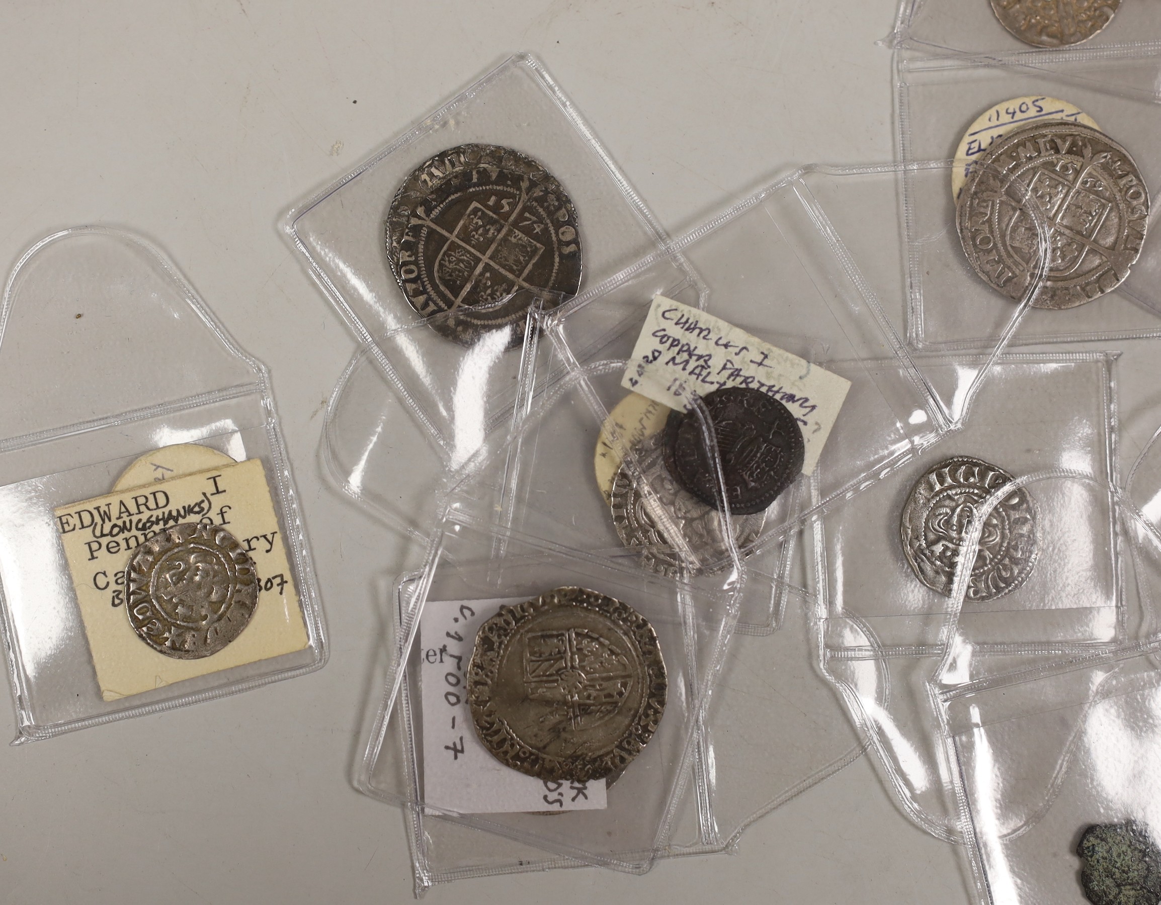 British hammered coinage, medieval to Stuart, including Edward I penny, two Henry III short cross coins, Henry III long cross coin, Henry VI halfgroat, Henry VII groat, three Elizabeth I sixpence 1569 and 1574, a Charles